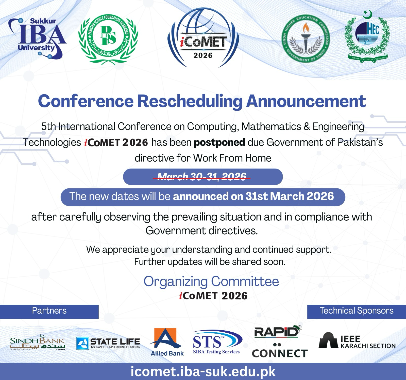 Conference Rescheduling Announcement – iCOMET 2026 postponed. New dates will be announced on 31st March 2026.